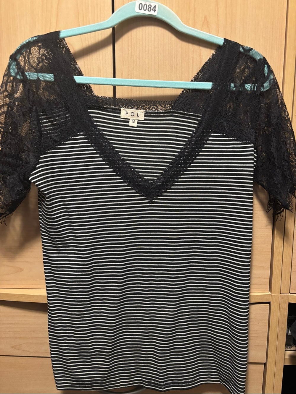 POL Striped V-Neck Tee with Black Lace Sleeves